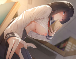Rule 34 | 1girl, black eyes, black hair, black skirt, book, breasts, chair, from below, go-1, highres, holding, holding book, indoors, large breasts, library, long sleeves, looking at viewer, looking down, nipples, no bra, non-web source, original, parted lips, pleated skirt, school uniform, serafuku, shirt, sitting, skirt, skit, solo, underboob, white shirt