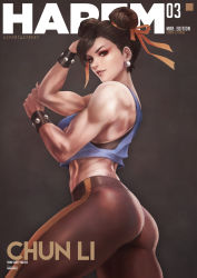 Rule 34 | 1girl, absurdres, adapted costume, ass, biceps, black hair, black nails, black pants, black sports bra, blue shirt, breasts, brown eyes, capcom, character name, chun-li, commentary, cover, cowboy shot, cropped vest, double bun, earrings, english commentary, eyeshadow, fake magazine cover, fingernails, hair bun, hair ribbon, highres, jewelry, lips, looking at viewer, magazine cover, makeup, medium breasts, midriff, monori rogue, muscular, muscular female, nail polish, nose, orange ribbon, pants, red eyeshadow, ribbon, shirt, short hair, solo, spandex, sports bra, street fighter, street fighter zero (series), striped, studded bracelet, thick thighs, thighs, tight clothes, tight pants, twisted torso, vertical stripes, vest, yoga pants