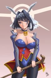 Rule 34 | 1girl, absurdres, alternate costume, black hair, blue eyes, blue leotard, breasts, cane, chain, chain headband, choker, cleavage, closed mouth, detached sleeves, halo, highres, holding, holding cane, holocouncil, hololive, hololive english, large breasts, leotard, looking at viewer, maskiy, mechanical halo, ouro kronii, pantyhose, short hair, smile, solo, standing, virtual youtuber