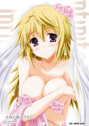 Rule 34 | 10s, 1girl, bad id, bad pixiv id, blonde hair, blush, breast hold, breasts, charlotte dunois, cover, covering privates, covering breasts, flower, infinite stratos, large breasts, long hair, purple eyes, smile, solo, tsukishima kai