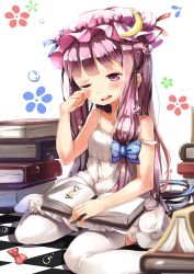 Rule 34 | 1girl, alternate costume, blush, book, book stack, bow, bubble, crescent, dress, hair bow, hair ornament, hat, highres, kirisame marisa, long hair, mob cap, off shoulder, one eye closed, open book, open mouth, patchouli knowledge, purple eyes, purple hair, simple background, sitting, sleeveless, solo, tears, teeth (artist), thighhighs, touhou, white thighhighs