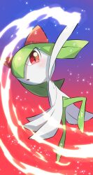 Rule 34 | absurdres, arm up, blush, colored skin, creatures (company), game freak, gen 3 pokemon, hair over one eye, highres, horns, kirlia, light trail, looking at viewer, multicolored skin, nintendo, nullma, parted lips, pink eyes, pokemon, pokemon (creature), sidelocks, two-tone background, two-tone skin, white skin
