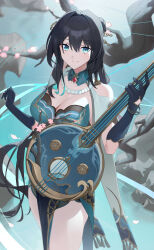 Rule 34 | 1girl, absurdres, aqua dress, aqua eyes, bare shoulders, bead necklace, beads, black hair, blue gloves, breasts, cleavage, clothing cutout, commentary request, cowboy shot, dress, gloves, highres, holding, holding instrument, honkai: star rail, honkai (series), instrument, jewelry, large breasts, long hair, looking at viewer, necklace, raitho, ruan mei (honkai: star rail), shoulder cutout, smile, solo, standing, thighs, very long hair