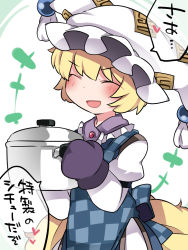 Rule 34 | +++, 1girl, :d, ^ ^, animal ears, apron, blonde hair, blush, checkered apron, checkered clothes, closed eyes, commentary request, fox ears, fox tail, hammer (sunset beach), happy, hat, multiple tails, open mouth, oven mitts, pot, short hair, smile, solo, tail, touhou, translation request, yakumo ran