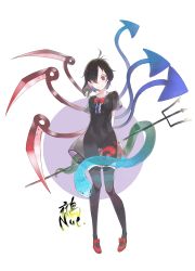 Rule 34 | 1girl, arms behind back, asymmetrical wings, black dress, black hair, black thighhighs, blue wings, bow, bowtie, breasts, buttons, center frills, character name, closed mouth, dress, footwear bow, frills, hair over one eye, highres, houjuu nue, knees together feet apart, looking at viewer, o (crazyoton46), polearm, red bow, red bowtie, red eyes, red footwear, red wings, see-through, short hair, short sleeves, simple background, small breasts, smile, snake, solo, thighhighs, touhou, trident, weapon, wings, zettai ryouiki