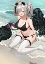 Rule 34 | 1girl, absurdres, animal ears, arknights, bare arms, bare shoulders, beach, bikini, black-framed eyewear, black bikini, black hair, breasts, cleavage, collarbone, commission, unworn eyewear, fang, feater (arknights), grey hair, hair over one eye, halterneck, highres, holding, holding removed eyewear, large breasts, long hair, looking at viewer, mechanical arms, medium hair, molyb, multicolored hair, navel, no shoes, open mouth, panda ears, revision, round eyewear, side-tie bikini bottom, sitting, skin fang, skindentation, solo, stomach, string bikini, sunglasses, swimsuit, thighhighs, thighs, tinted eyewear, twintails, two-tone hair, wariza, water, white thighhighs, yellow eyes