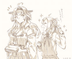 Rule 34 | 2girls, ahoge, blush, clenched hand, closed mouth, dated, detached sleeves, double bun, dress, greyscale, hair bun, hair ornament, hairclip, headgear, holding, kantai collection, kongou (kancolle), long hair, long sleeves, makinami (kancolle), miroku san-ju, monochrome, multiple girls, neck ribbon, nontraditional miko, open mouth, paper, pointing, popped collar, ribbon, ribbon-trimmed sleeves, ribbon trim, shirt, sidelocks, simple background, sparkle, translation request