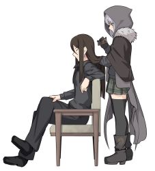 Rule 34 | 1boy, 1girl, black footwear, black hair, black thighhighs, boots, cape, cloak, commentary request, fate/grand order, fate (series), from side, fur trim, gloves, gray (fate), green eyes, grey hair, hair between eyes, holding, hood, hood up, long hair, long sleeves, lord el-melloi ii case files, male focus, shiseki hirame, shoes, short hair, simple background, sitting, skirt, thighhighs, waver velvet, white background