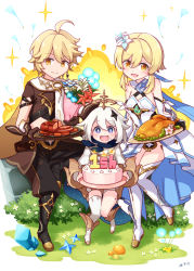 Rule 34 | 1boy, 2girls, :d, aether (genshin impact), ahoge, bare shoulders, black footwear, black pants, blonde hair, blue flower, blush, boots, bouquet, breasts, brother and sister, brown eyes, brown shirt, bush, cake, closed mouth, commentary request, crystal, dress, explosion, flower, food, food on face, genshin impact, grey hair, hair between eyes, hair flower, hair ornament, harada (sansei rain), highres, holding, holding plate, knee boots, long hair, lumine (genshin impact), multiple girls, mushroom, open mouth, paimon (genshin impact), pants, plate, purple eyes, red flower, shirt, short sleeves, siblings, single thighhigh, small breasts, smile, sparkle, thigh boots, thighhighs, thighhighs under boots, turkey (food), white dress, white flower, white legwear, yellow flower