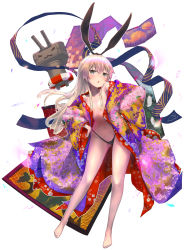 Rule 34 | 1girl, alternate costume, barefoot, black hairband, blonde hair, breasts, commentary request, floral print, grey eyes, hairband, highleg, highleg panties, highres, japanese clothes, kantai collection, kimono, leaning forward, long hair, looking at viewer, mmk, open clothes, open kimono, panties, purple kimono, rensouhou-chan, shimakaze (kancolle), simple background, small breasts, standing, underwear, white background