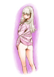 Rule 34 | 1girl, archived source, ass, black ribbon, blush, bottomless, grey eyes, grey hair, hair ribbon, heavy breathing, highres, key (kagibangou), long hair, long sleeves, looking at viewer, looking back, original, pussy juice, pussy juice trail, ribbon, shirt, simple background, sketch, solo, striped clothes, striped shirt, white background