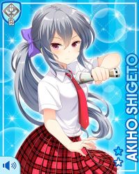 Rule 34 | 1girl, blue background, bow, breasts, card (medium), character name, closed mouth, determined, female focus, girlfriend (kari), grey hair, long hair, map, necktie, official art, plaid, plaid skirt, purple bow, qp:flapper, red neckwear, red skirt, school uniform, shigeto akiho, shirt, skirt, socks, standing, tagme, v-shaped eyebrows, white shirt
