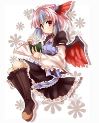 Rule 34 | 1girl, bird wings, black capelet, black skirt, blue hair, blue shirt, blush, book, boots, breasts, brown footwear, capelet, closed mouth, commentary request, frilled skirt, frills, full body, head wings, holding, holding book, horns, long sleeves, looking at viewer, momozakura nanao, multicolored hair, red eyes, red wings, shirt, short hair, single head wing, skirt, small breasts, smile, solo, split mouth, tokiko (touhou), touhou, two-tone hair, white hair, wide sleeves, wings