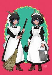 Rule 34 | 2girls, apron, artist logo, back bow, black dress, black hair, blue eyes, bonnet, boots, bow, bright pupils, broom, brown footwear, brown horns, bucket, closed mouth, collared dress, colored sclera, dress, duster, frilled apron, frills, full body, green background, grey sclera, hands up, holding, holding broom, holding bucket, holding duster, horns, juliet sleeves, long sleeves, looking at viewer, maid, maid headdress, multicolored background, multiple girls, original, pointy ears, puffy sleeves, red background, short hair, sidelocks, sleeve cuffs, smile, solo, standing, white apron, yotsu kado
