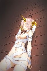 Rule 34 | 1girl, against wall, bandages, breasts, brick wall, closed mouth, dutch angle, eyes visible through hair, fate/apocrypha, fate (series), frankenstein&#039;s monster (fate), frankenstein&#039;s monster (swimsuit saber) (fate), frankenstein&#039;s monster (swimsuit saber) (third ascension) (fate), from below, frown, horns, kuro emimi, medium breasts, naked bandage, navel, nipples, short hair, single horn, standing