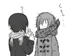 Rule 34 | 2girls, ?, coat, duffel coat, faceless, faceless female, girls und panzer, greyscale, jacket, messy hair, monochrome, multiple girls, mutsu (layergreen), nishizumi maho, nishizumi miho, scarf, scarf over mouth, short hair, siblings, simple background, sisters, sweatdrop, translated, white background, winter clothes