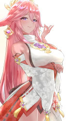 Rule 34 | 1girl, arm under breasts, breasts, detached sleeves, dress, fox shadow puppet, genshin impact, hair ornament, halo, halterneck, hand gesture, hand up, highres, japanese clothes, large breasts, looking at viewer, pink hair, purple eyes, smile, solo, thighs, uenoryoma, white background, wide sleeves, yae miko