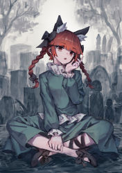 Rule 34 | 1girl, :o, animal ear fluff, animal ears, black bow, black footwear, black ribbon, blunt bangs, bow, braid, breasts, cat ears, dress, extra ears, footwear bow, full body, graveyard, green dress, hair bow, hair ribbon, hand up, highres, indian style, kaenbyou rin, leg ribbon, long hair, looking at viewer, medium breasts, open mouth, outdoors, puffy sleeves, red eyes, red hair, ribbon, shoes, sitting, solo, tombstone, touhou, tree, tress ribbon, twilight, twin braids, twintails, yanyan (shinken gomi)