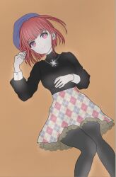 Rule 34 | 1girl, arima kana, beret, black shirt, black socks, blue headwear, bob cut, brown background, closed mouth, hat, highres, inverted bob, jewelry, looking at viewer, necklace, oshi no ko, red eyes, red hair, shirt, short hair, simple background, smile, socks, star (symbol), whenifdioktmsjv