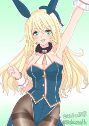 Rule 34 | 1girl, adapted costume, alternate costume, animal ears, ascot, atago (kancolle), black pantyhose, blonde hair, blue leotard, breasts, commentary request, cowboy shot, dated, fake animal ears, gradient background, green background, green eyes, highres, kantai collection, large breasts, leotard, long hair, looking at viewer, nitamako (sakamalh), pan-pa-ka-paaan!, pantyhose, playboy bunny, rabbit ears, rabbit tail, solo, tail, thighband pantyhose, twitter username, white ascot, wrist cuffs