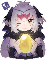 Rule 34 | 1girl, bare shoulders, bird girl, bird wings, black dress, black fur, black hair, black sleeves, commentary request, detached sleeves, dress, fur collar, golden egg, head chain, head wings, headdress, highres, jewelry, kemono friends, multicolored hair, one eye closed, ostrich (kemono friends), red hair, scarf, short hair, solo, suicchonsuisui, translated, white hair, wings, yellow eyes