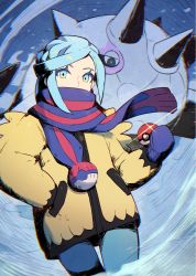 Rule 34 | 1boy, blue eyes, blue hair, cetitan, chromatic aberration, commentary, creatures (company), eyelashes, game freak, glint, grusha (pokemon), hand in pocket, highres, holding, holding poke ball, jacket, kuroi susumu, long sleeves, looking at viewer, male focus, nintendo, pants, poke ball, poke ball (basic), poke ball print, pokemon, pokemon (creature), pokemon sv, scarf, scarf over mouth, solo, yellow jacket