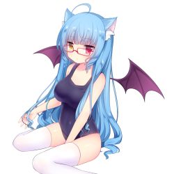 Rule 34 | 1girl, ahoge, amashiro natsuki, animal ears, bad id, bad pixiv id, bat wings, blue hair, breasts, cat ears, glasses, heterochromia, large breasts, long hair, looking at viewer, one-piece swimsuit, original, red-framed eyewear, school swimsuit, sitting, solo, swimsuit, thighhighs, very long hair, wariza, white thighhighs, wings