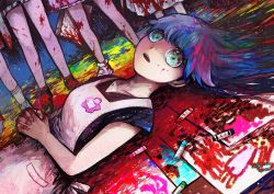 Rule 34 | 2boys, 3girls, apron, aqua eyes, axe, blood, blood on clothes, blood on face, blood on hands, blood on leg, bloody knife, bloody weapon, blue hair, child, child&#039;s drawing, children (miu miura), crayon, hatchet (axe), highres, knife, looking at viewer, miuraumiko, multiple boys, multiple girls, official art, open mouth, original, own hands clasped, own hands together, shoes, smile, sneakers, weapon