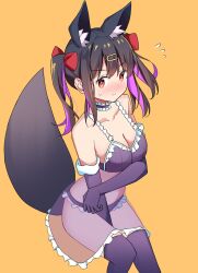 Rule 34 | 1girl, animal ear fluff, animal ears, arm under breasts, bare shoulders, black hair, blush, bow, breasts, brown eyes, choker, cleavage, collarbone, commentary, dot nose, elbow gloves, embarrassed, flying sweatdrops, frilled choker, frills, gloves, hair bow, hair ornament, hairclip, highres, keito4f, lingerie, long hair, looking at viewer, medium breasts, multicolored hair, nose blush, onii-chan wa oshimai!, oyama mihari, purple choker, purple gloves, purple hair, purple thighhighs, red bow, see-through, simple background, solo, sweatdrop, tail, thighhighs, twintails, two-tone hair, underwear, wavy mouth, yellow background