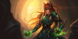 Rule 34 | 1girl, animal ears, armor, black gloves, blurry foreground, braid, breastplate, chaosringen, cloak, commission, forehead protector, gloves, highres, hip armor, hood, hood up, hooded cloak, league of legends, lips, long hair, looking at viewer, magic, orange eyes, parted lips, pauldrons, pelvic curtain, red hair, scarf, shoulder armor, single braid, solo focus, vambraces, very long hair
