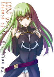 Rule 34 | 00s, 1girl, breasts squeezed together, breasts, c.c., code geass, detached sleeves, elbow gloves, gloves, green hair, hybrid-rainbow, ihara natsume, long hair, short shorts, shorts, solo, yellow eyes