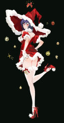 Rule 34 | 1girl, ass, bare shoulders, bell, black background, bow, christmas, christmas ornaments, closed mouth, commentary, dress, flower, from behind, fur-trimmed dress, fur-trimmed headwear, fur collar, fur trim, genderswap, genderswap (mtf), gloves, gundam, gundam 00, hair between eyes, hat, high heels, highres, huangdanlan, lips, looking at viewer, looking back, medium hair, off-shoulder dress, off shoulder, purple hair, red bow, red dress, red eyes, red flower, red hat, shoes, simple background, solo, standing, standing on one leg, star (symbol), symbol-only commentary, tieria erde, white gloves, witch hat