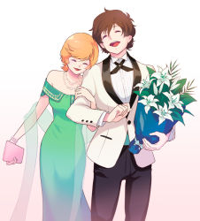 Rule 34 | 1boy, 1girl, aiya kyuu, banagher links, bare shoulders, bouquet, bracelet, brown hair, closed eyes, flower, formal, gundam, gundam unicorn, holding, holding bouquet, jewelry, laughing, locked arms, looking down, looking up, mineva lao zabi, necklace, open mouth, orange hair, pearl bracelet, pearl necklace, short hair, suit, walking