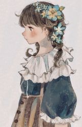 Rule 34 | 1girl, absurdres, blush, braid, brown eyes, brown hair, commentary, dress, english commentary, expressionless, flower, frilled dress, frilled sleeves, frills, hair flower, hair ornament, highres, medium hair, orie h, original, profile, simple background, solo, tearing up, twin braids, upper body