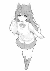 Rule 34 | 1girl, ahoge, animal ear fluff, animal ears, blush, cardigan, commentary request, dog ears, dog girl, dog tail, full body, greyscale, hair between eyes, hand up, highres, kneehighs, loafers, long hair, long sleeves, monochrome, original, parted lips, pleated skirt, school uniform, sekira ame, shoes, simple background, sketch, skirt, sleeves past wrists, socks, solo, standing, tail, very long hair, white background