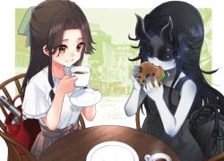 Rule 34 | 2girls, abyssal ship, alternate costume, bag, black dress, black hair, black nails, blush, bow, breasts, brown eyes, brown hair, brown skirt, chair, colored skin, commentary request, commission, cup, dated, dress, eating, food, hair bow, hair intakes, burger, holding, holding cup, holding food, horns, jintsuu (kancolle), kantai collection, koruri, light cruiser princess, long hair, mask, multiple girls, nail polish, pale skin, plate, shirt, short sleeves, sidelocks, signature, sitting, skirt, sparkle, table, teacup, torpedo, twitter username, white shirt, white skin