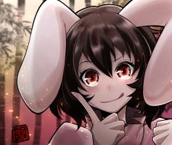Rule 34 | 1girl, :q, animal ears, bamboo, bamboo forest, black hair, blush, closed mouth, commentary request, dress, finger to cheek, floppy ears, forest, hair between eyes, highres, inaba tewi, looking at viewer, nature, pink dress, rabbit ears, rabbit girl, red eyes, short hair, smile, solo, tongue, tongue out, touhou, upper body, wagu neru
