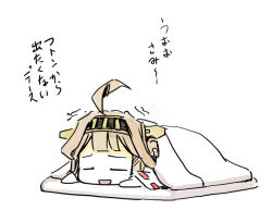 Rule 34 | 10s, 1girl, ahoge, blanket, chibi, double bun, hair bun, hairband, kantai collection, kongou (kancolle), long hair, lying, nontraditional miko, on stomach, seo tatsuya, simple background, solo, translation request, trembling, white background