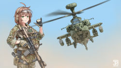 Rule 34 | 1girl, absurdres, ah-64 apache, ahoge, aircraft, artist name, body armor, brown hair, bulletproof vest, camouflage, dated, dust, glock, gloves, goggles, goggles on head, green eyes, gun, handgun, headset, helicopter, highres, holding, holding gun, holding weapon, holster, jpc, load bearing equipment, load bearing vest, military, military vehicle, original, bulletproof vest, short hair, smile, soldier, tactical clothes, watermark, weapon