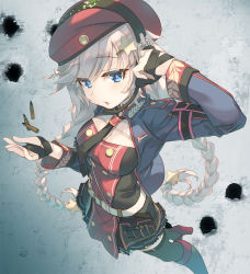 Rule 34 | 1girl, adjusting headset, amazuyu tatsuki, belt, beret, black necktie, blue eyes, blue jacket, boots, braid, breasts, bullet hole, cartridge, cleavage cutout, clothing cutout, commentary request, cropped jacket, girls&#039; frontline, hair ornament, hat, headset, jacket, long hair, looking at viewer, medium breasts, necktie, ots-12 (girls&#039; frontline), pleated skirt, red hat, silver hair, skirt, solo, star (symbol), star hair ornament, symbol-shaped pupils, thighhighs, twin braids, very long hair, white belt, zettai ryouiki