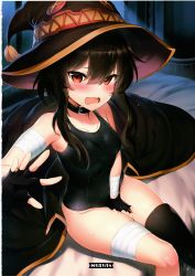 Rule 34 | 1girl, absurdres, armpit peek, bandaged arm, bandaged leg, bandages, between legs, black bra, black gloves, black hair, black one-piece swimsuit, black thighhighs, blue one-piece swimsuit, blush, bottomless, bra, breasts, unworn cape, choker, collar, collarbone, embarrassed, fingerless gloves, gloves, hair between eyes, hand between legs, hat, highres, indoors, kono subarashii sekai ni shukufuku wo!, looking at viewer, m-da s-tarou, megumin, on bed, one-piece swimsuit, open mouth, outstretched hand, red eyes, short hair with long locks, sidelocks, single thighhigh, sitting, small breasts, solo, sweat, swimsuit, thighhighs, underwear, wavy mouth, witch hat
