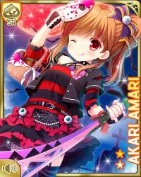 Rule 34 | 1girl, ;q, amari akari, bag, basket, bat (animal), beads, belt, black gloves, blush, border, bow, brown hair, candy, card, card (medium), character name, collar, cowboy shot, dutch angle, eyeball, fingerless gloves, food, frilled gloves, frilled skirt, frills, garter straps, girlfriend (kari), gloves, goth fashion, hair beads, hair bow, hair ornament, halloween, heart, holding, holding sword, holding weapon, jacket, lace, looking at viewer, mask, mask on head, moon, multicolored hair, night, night sky, official art, one eye closed, outdoors, qp:flapper, red eyes, red moon, shirt, side ponytail, skirt, sky, solo, sparkle, spider web print, spiked collar, spikes, streaked hair, striped clothes, striped legwear, striped shirt, striped thighhighs, sweets, sword, thighhighs, tombstone, tongue, tongue out, torn clothes, weapon