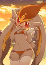 Rule 34 | 1girl, :3, animal ears, animal hands, arm behind back, artist name, backlighting, beach, bikini, blush, breasts, buck teeth, chin katsu, cinderace, cloud, creatures (company), female focus, furry, furry female, game freak, gen 8 pokemon, half-closed eye, hand up, happy, looking at viewer, navel, nintendo, o-ring, o-ring bikini, ocean, open mouth, orange sky, outdoors, pokemon, pokemon (creature), rabbit ears, rabbit tail, red bikini, red eyes, red hair, sand, shy, signature, sky, small breasts, smile, solo, standing, stomach, sunset, swimsuit, tail, teeth, thighhighs, twitter username, uneven eyes, water, white thighhighs