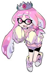 Rule 34 | 1girl, bike shorts, braid, commentary, crown, eyelashes, full body, highres, hood, hoodie, inkling, inkling girl, inkling player character, long hair, nintendo, open mouth, pink eyes, pink hair, pink hoodie, pointy ears, shoes, simple background, single braid, sleeves past fingers, sleeves past wrists, solo, splatoon (series), splt zz, symbol-only commentary, teeth, tentacle hair, thick eyebrows, white background