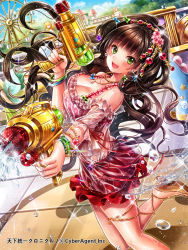 Rule 34 | :d, amusement park, bangle, blue sky, bracelet, breasts, brown footwear, brown hair, bubble, cleavage, day, dual wielding, dutch angle, earrings, ferris wheel, frills, green eyes, hair ornament, hobak, holding, jewelry, large breasts, long hair, looking at viewer, necklace, official art, open mouth, outdoors, red skirt, sandals, skirt, sky, smile, solo, sparkle, squirting liquid, standing, tenka touitsu chronicle, water gun, wet