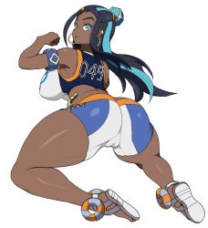 Rule 34 | 1girl, ass, bare shoulders, black hair, blue eyes, breasts, cameltoe, cleft of venus, creatures (company), dark-skinned female, dark skin, earrings, from behind, game freak, hoop earrings, huge ass, jewelry, large breasts, long hair, looking at viewer, nessa (pokemon), nintendo, pokemon, pokemon swsh, sandals, shorts, sinensian, solo, thick thighs, thighs, white background