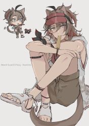 Rule 34 | 1boy, absurdres, ahoge, animal ear fluff, animal ears, arknights, armband, aryo 77c, black hair, blue eyes, bracelet, brown hair, brown shorts, cat boy, cat ears, cat tail, chibi, chibi inset, colored inner hair, commentary, crossed arms, english text, food in mouth, highres, hugging own legs, jacket, jewelry, knees up, looking at viewer, male focus, multicolored hair, red hair, red shirt, robot, sandals, shirt, short hair, shorts, sleeveless, sleeveless jacket, solo, stainless (arknights), stainless (beach guard) (arknights), streaked hair, tail, tank top, toeless footwear, whistle, white footwear, white jacket
