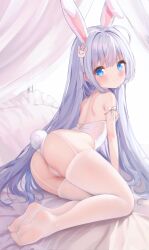 Rule 34 | 1girl, animal ears, arm support, ass, backless leotard, bed sheet, blue eyes, blue hair, blush, bow, breasts, cameltoe, closed mouth, commentary, curtains, fake animal ears, fake tail, feet, frilled pillow, frills, full body, garter straps, highleg, highleg leotard, highres, indoors, legs together, leotard, long hair, looking at viewer, nipple slip, nipples, no shoes, original, pillow, playboy bunny, rabbit ears, rabbit tail, revision, shoulder blades, sitting, small breasts, smile, soles, solo, split mouth, strapless, strapless leotard, tail, thighhighs, thong leotard, toes, very long hair, wangyq, white bow, white leotard, white thighhighs, yokozuwari
