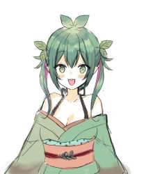 Rule 34 | 1girl, :3, :d, absurdres, bad id, bad twitter id, breasts, cleavage, commentary request, copyright request, green eyes, green hair, green kimono, hair between eyes, hair ornament, highres, japanese clothes, kimono, leaf hair ornament, medium breasts, midorikawa you, multicolored hair, obi, off shoulder, open mouth, pink hair, pointy ears, sash, simple background, smile, solo, teeth, twintails, two-tone hair, upper body, upper teeth only, white background
