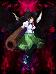Rule 34 | 1girl, black hair, bow, breasts, female focus, full body, hair bow, highres, impossible clothes, impossible shirt, long hair, rasha, red eyes, reiuji utsuho, shirt, skirt, solo, touhou, wings